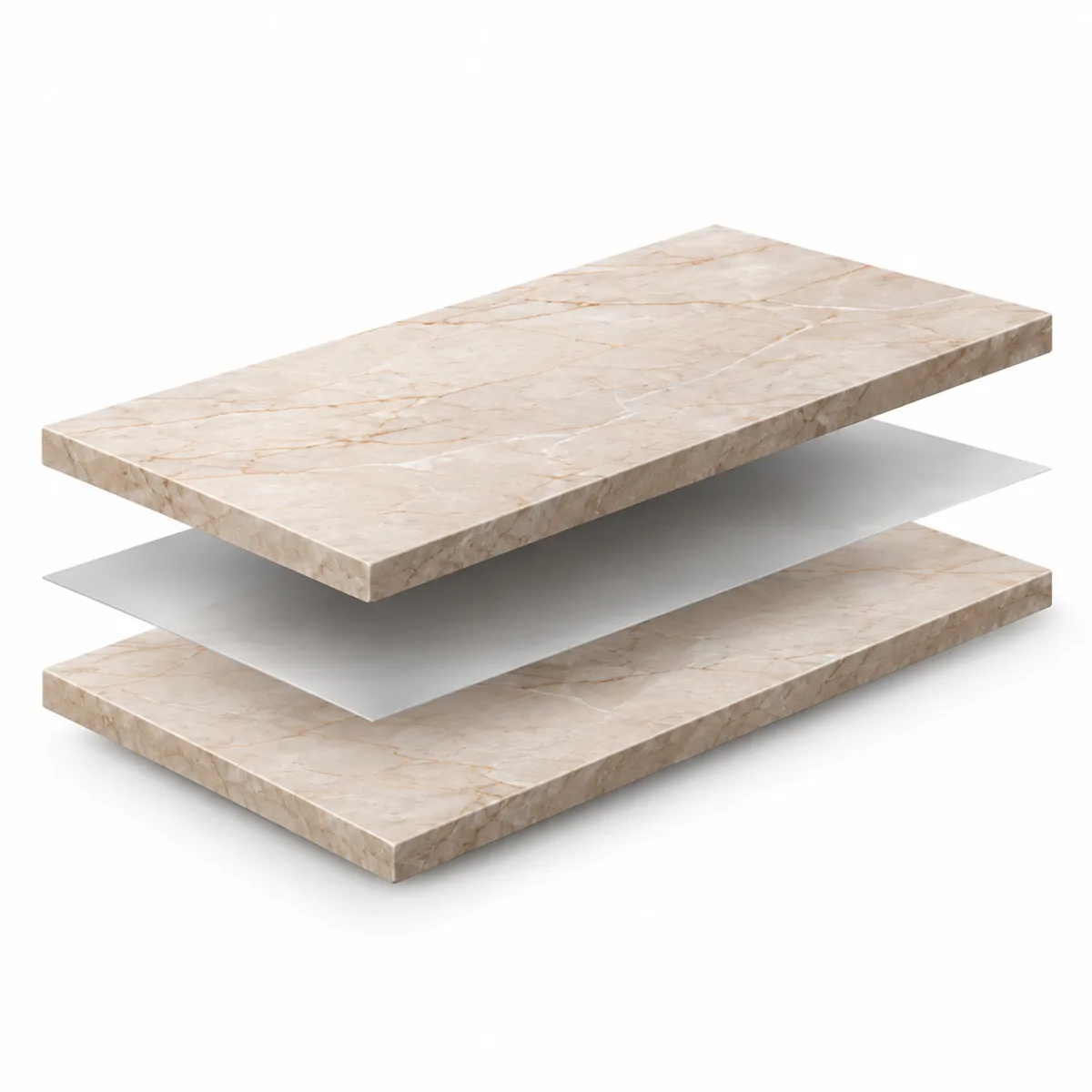Illustration des couches du panneau : plaque supérieure en pierre naturelle, résine structurelle et plaque inférieure en pierre naturelle