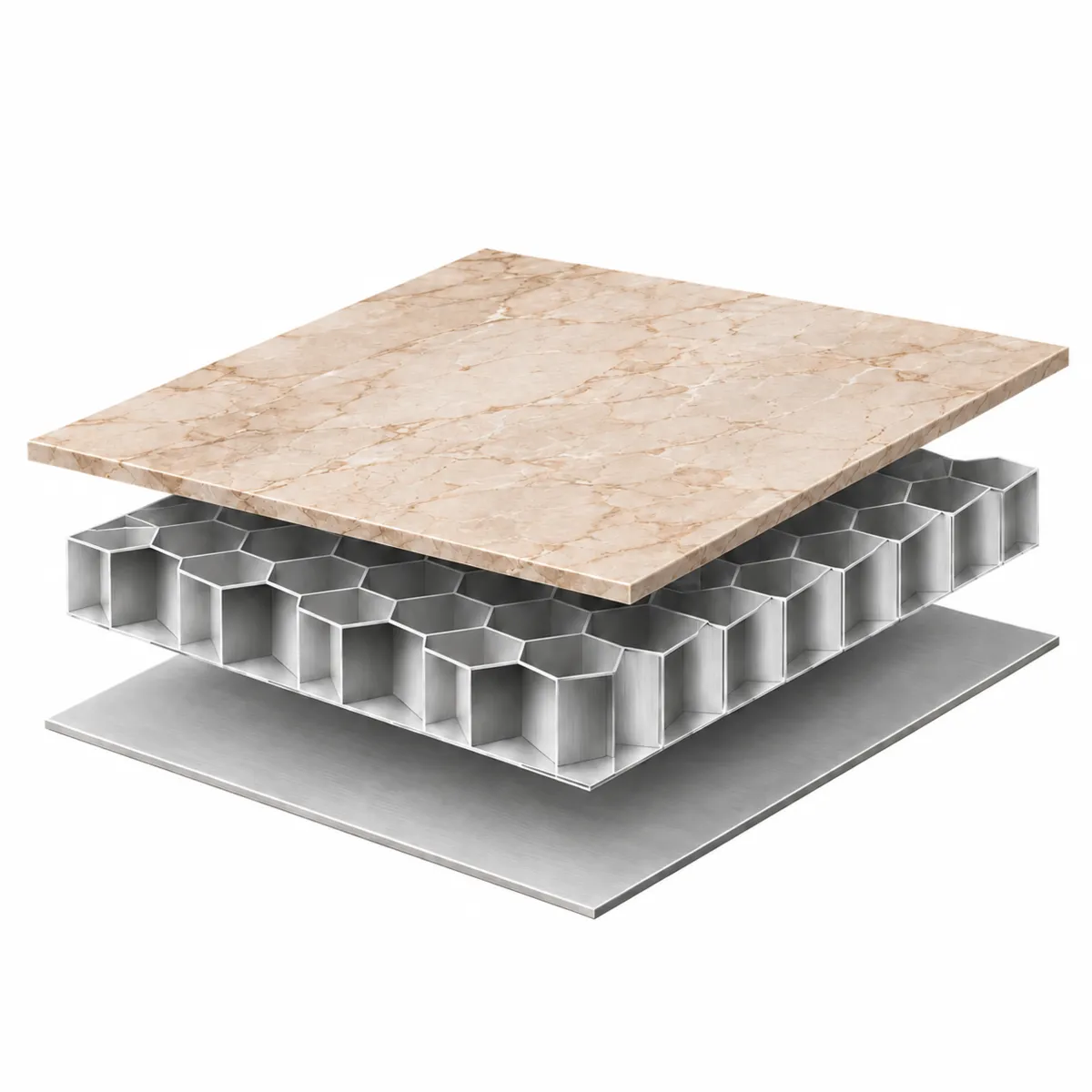 Illustration des couches du panneau : fine plaque de pierre naturelle, âme en nid d’abeille en aluminium et couche de support