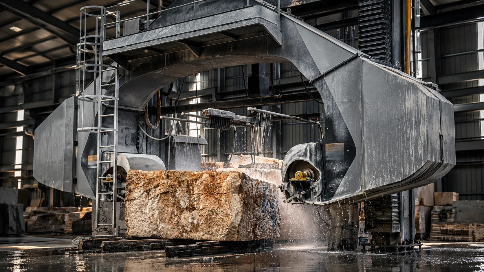 Équipement industriel sciant un bloc de pierre naturelle