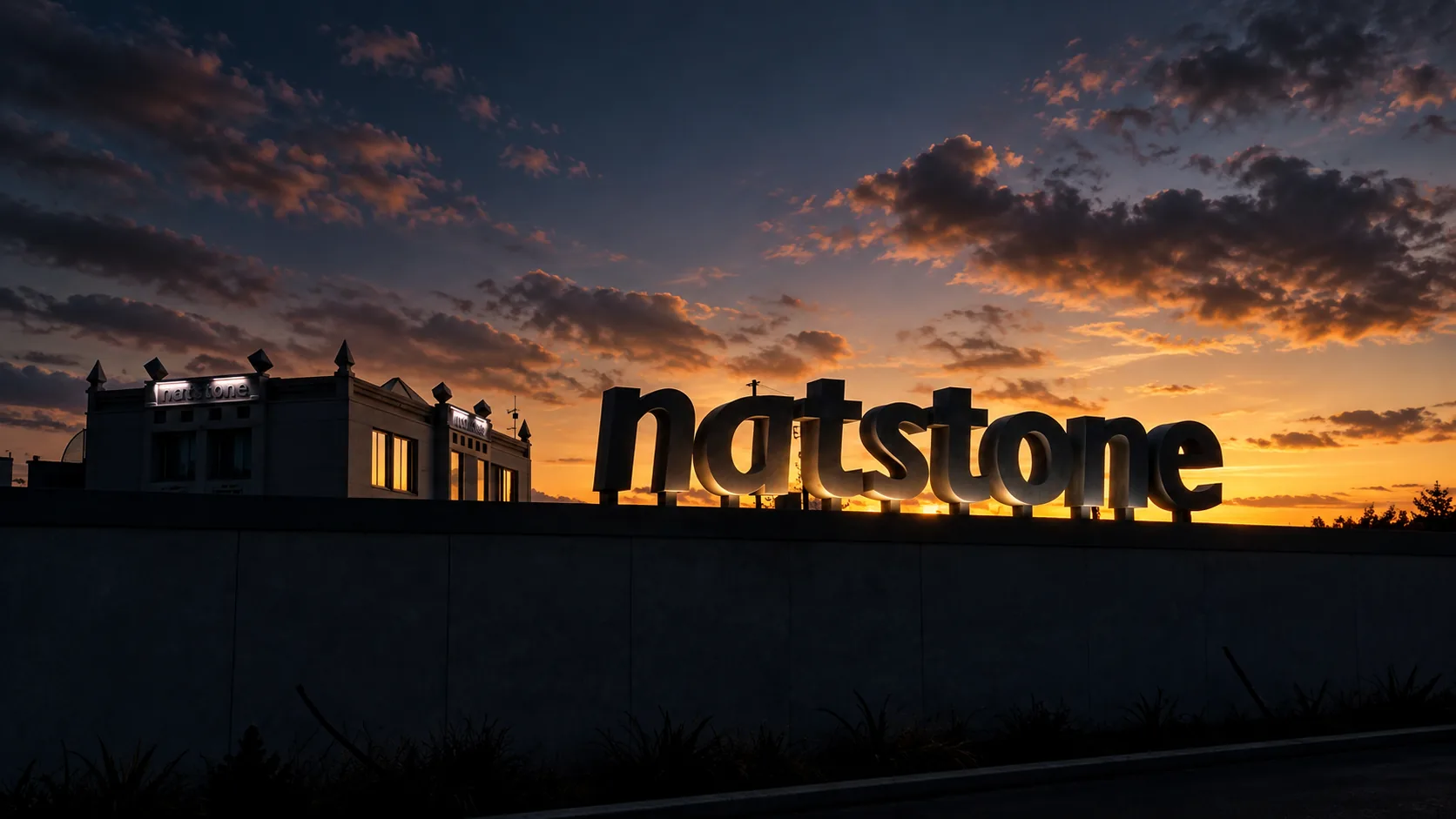 Bâtiment et enseigne Natstone au coucher du soleil